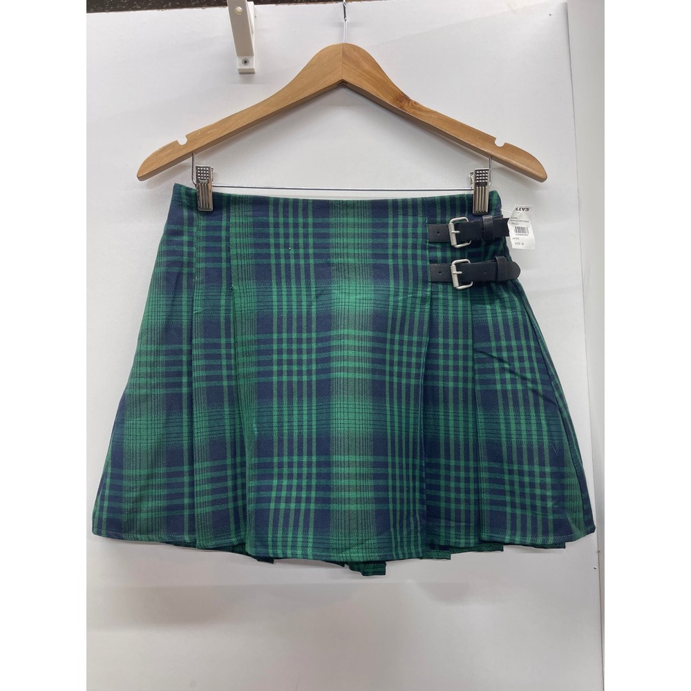RSQ Green Navy Blue Plaid Pleated Mini Skirt Buckle Detail Size Medium NEW
